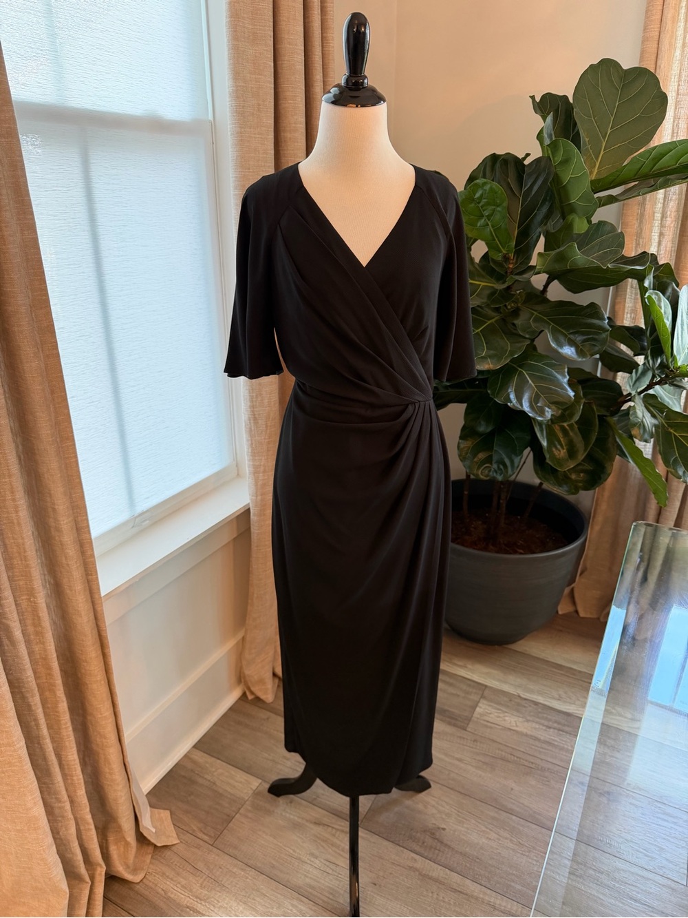 Maggy London Black Wrap-Style Midi Dress